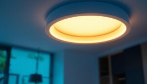 A photograph of a modern circular led light fixture installed in a stylish interior setting