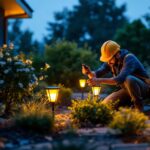 A photograph of a lighting contractor installing accent solar lights in a landscaped outdoor setting