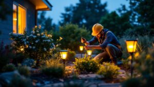 A photograph of a lighting contractor installing accent solar lights in a landscaped outdoor setting