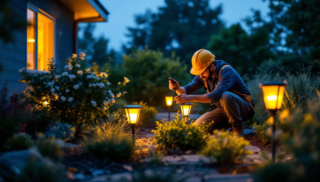 A photograph of a lighting contractor installing accent solar lights in a landscaped outdoor setting