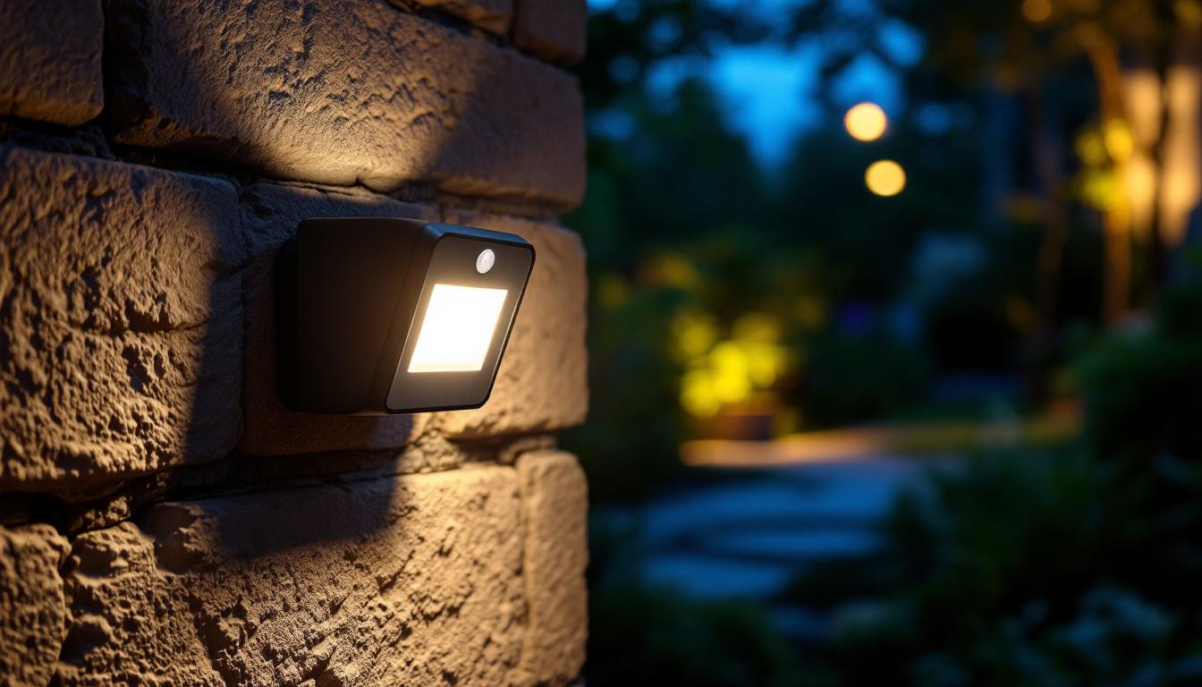A photograph of a small motion sensor light installed in an outdoor setting