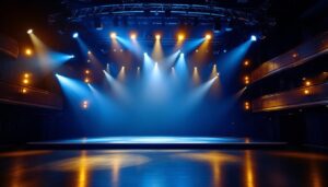A photograph of a well-lit theater stage showcasing various lighting fixtures in use