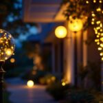 A photograph of a beautifully illuminated outdoor space featuring a stylish globe light post