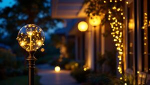 A photograph of a beautifully illuminated outdoor space featuring a stylish globe light post