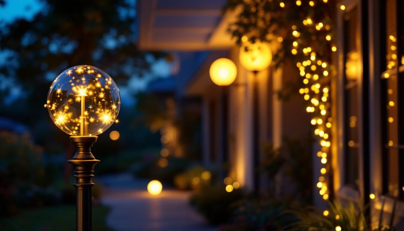A photograph of a beautifully illuminated outdoor space featuring a stylish globe light post