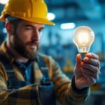 A photograph of a lighting contractor examining a 7-watt type b light bulb in a well-lit environment