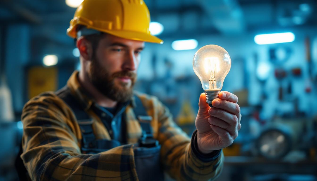 A photograph of a lighting contractor examining a 7-watt type b light bulb in a well-lit environment
