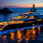 A photograph of a beautifully illuminated yacht at dusk