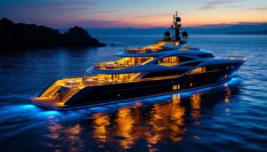A photograph of a beautifully illuminated yacht at dusk