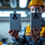 A photograph of a lighting contractor examining or installing t8 and t12 ballasts side by side