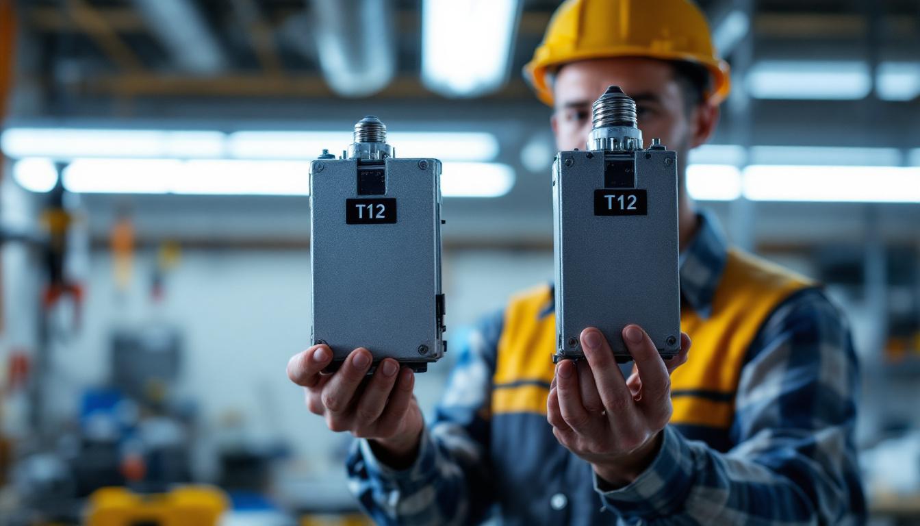 A photograph of a lighting contractor examining or installing t8 and t12 ballasts side by side