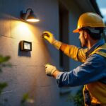 A photograph of a lighting contractor installing a wall flood light in an outdoor setting
