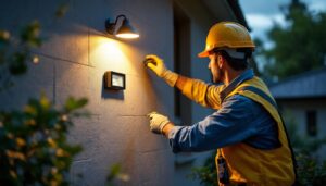 A photograph of a lighting contractor installing a wall flood light in an outdoor setting