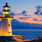 A photograph of a beautifully designed outdoor light house illuminated at dusk