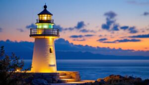 A photograph of a beautifully designed outdoor light house illuminated at dusk