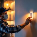 A photograph of a lighting contractor installing a motion switch in a modern home setting