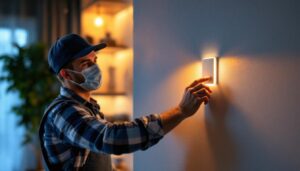 A photograph of a lighting contractor installing a motion switch in a modern home setting