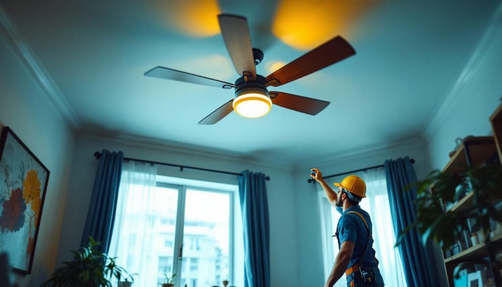 A photograph of a beautifully designed ceiling fan in a well-lit room