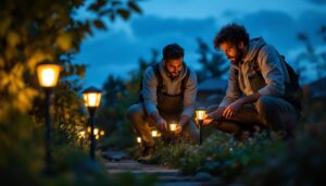 A photograph of a team of individuals working together outdoors at dusk