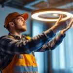 A photograph of a lighting contractor expertly installing or adjusting a stylish circle led fixture in a modern interior setting