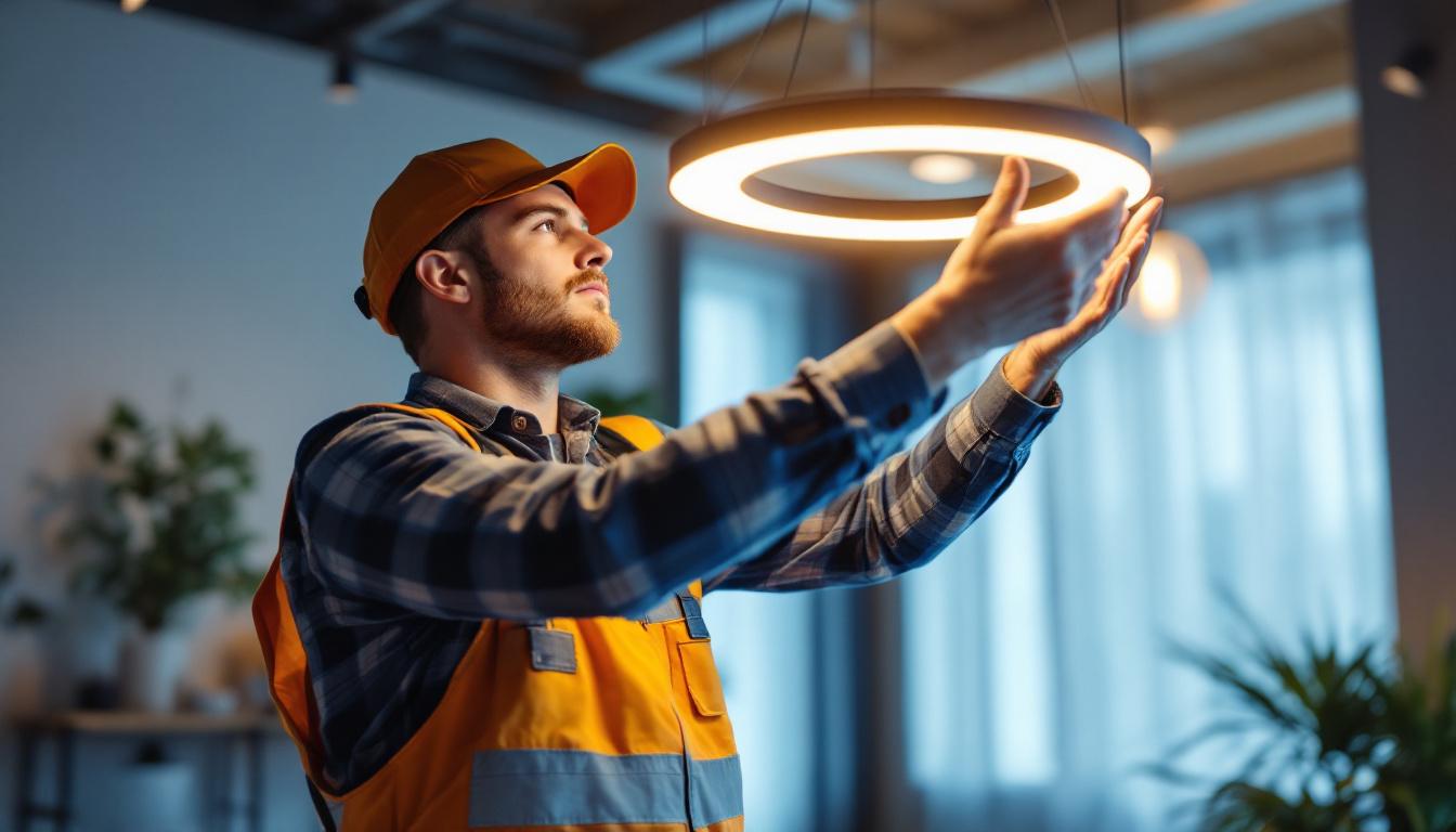 A photograph of a lighting contractor expertly installing or adjusting a stylish circle led fixture in a modern interior setting