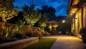 A photograph of a well-lit outdoor space showcasing general electric flood lights in action