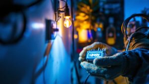 A photograph of a lighting contractor working with a 12-volt transformer