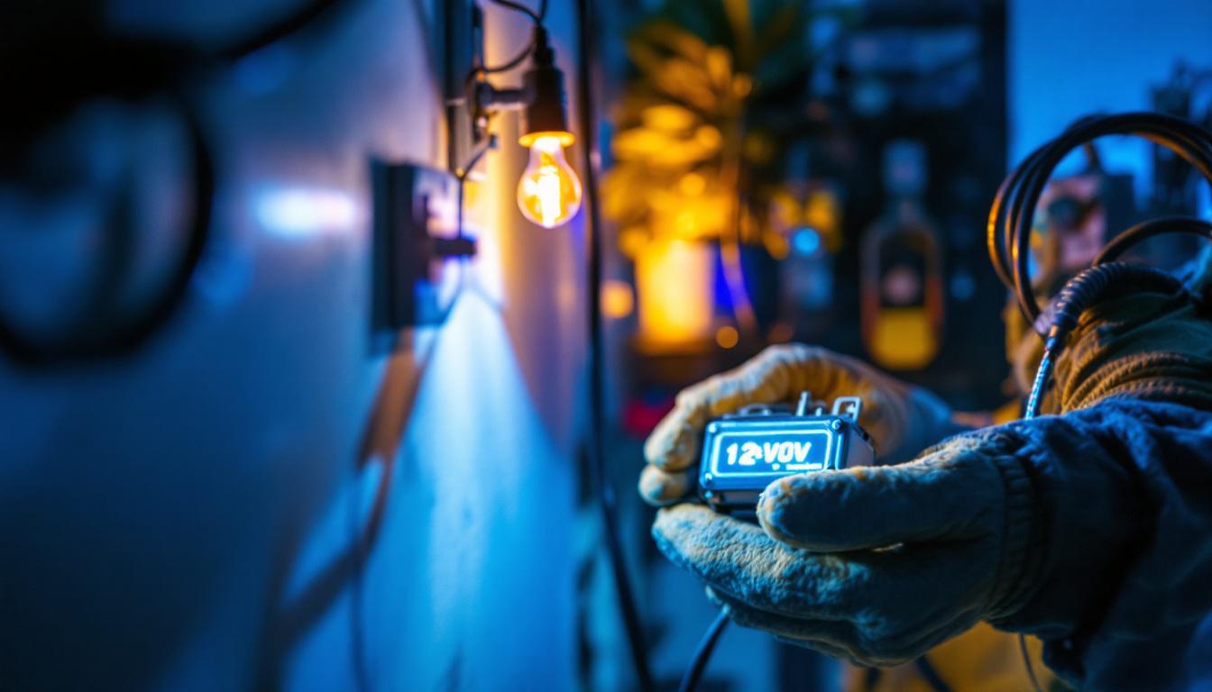 A photograph of a lighting contractor working with a 12-volt transformer