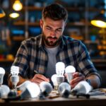 A photograph of a lighting contractor examining various led light bulbs in a well-lit workspace