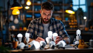 A photograph of a lighting contractor examining various led light bulbs in a well-lit workspace