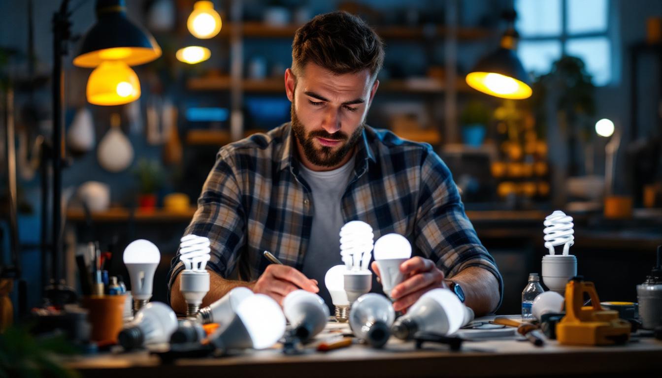 A photograph of a lighting contractor examining various led light bulbs in a well-lit workspace