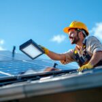 A photograph of a skilled lighting contractor installing a solar top light on a residential roof