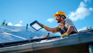 A photograph of a skilled lighting contractor installing a solar top light on a residential roof