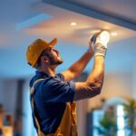 A photograph of a lighting contractor expertly installing recessed lights in a modern home setting