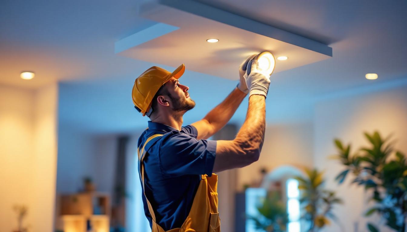 A photograph of a lighting contractor expertly installing recessed lights in a modern home setting