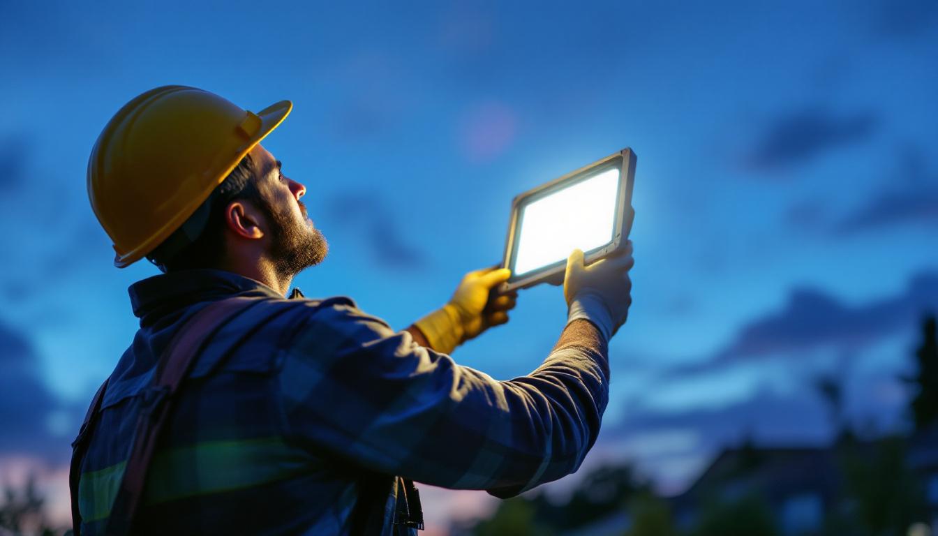 A photograph of a lighting contractor installing a dusk-to-dawn led floodlight on a residential or commercial property