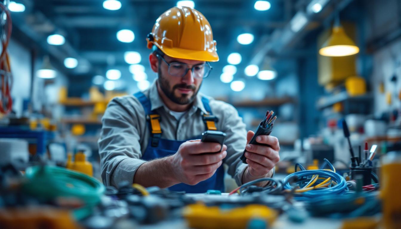 A photograph of a lighting contractor examining a variety of colorful lighting wires and cables in a well-lit workspace