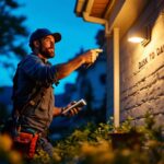 A photograph of a lighting contractor installing a dusk to dawn sensor light in a residential setting