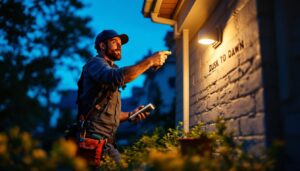 A photograph of a lighting contractor installing a dusk to dawn sensor light in a residential setting