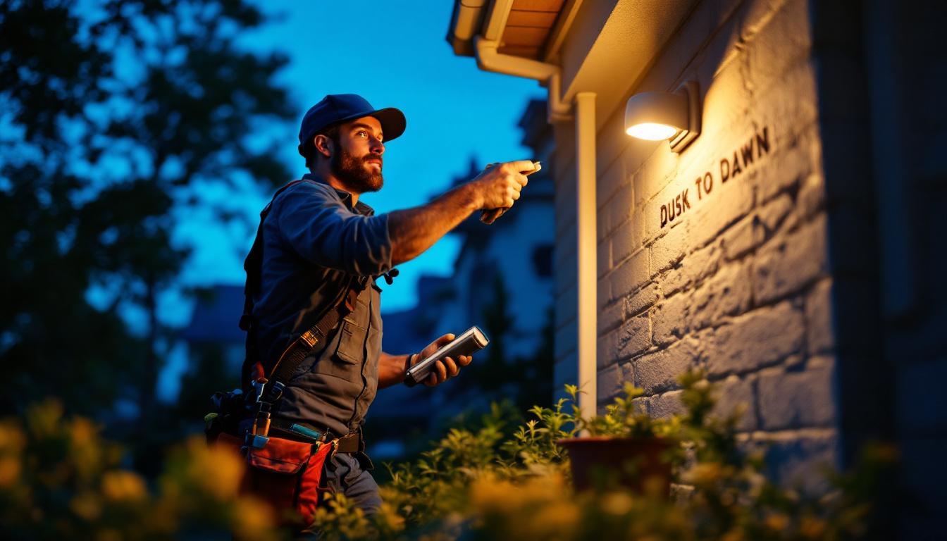 A photograph of a lighting contractor installing a dusk to dawn sensor light in a residential setting
