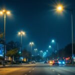A photograph of a well-lit urban street scene at night