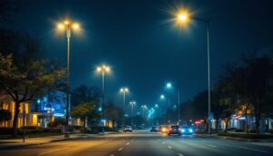 A photograph of a well-lit urban street scene at night