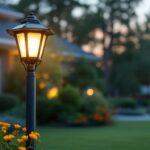 A photograph of a beautifully illuminated solar post lantern in a residential outdoor setting during twilight