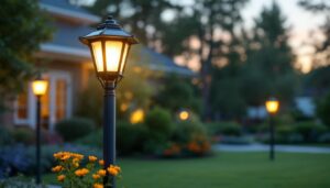 A photograph of a beautifully illuminated solar post lantern in a residential outdoor setting during twilight