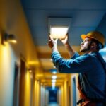 A photograph of a lighting contractor installing a modern led hall light in a well-lit corridor