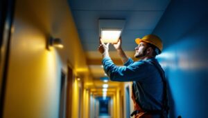 A photograph of a lighting contractor installing a modern led hall light in a well-lit corridor