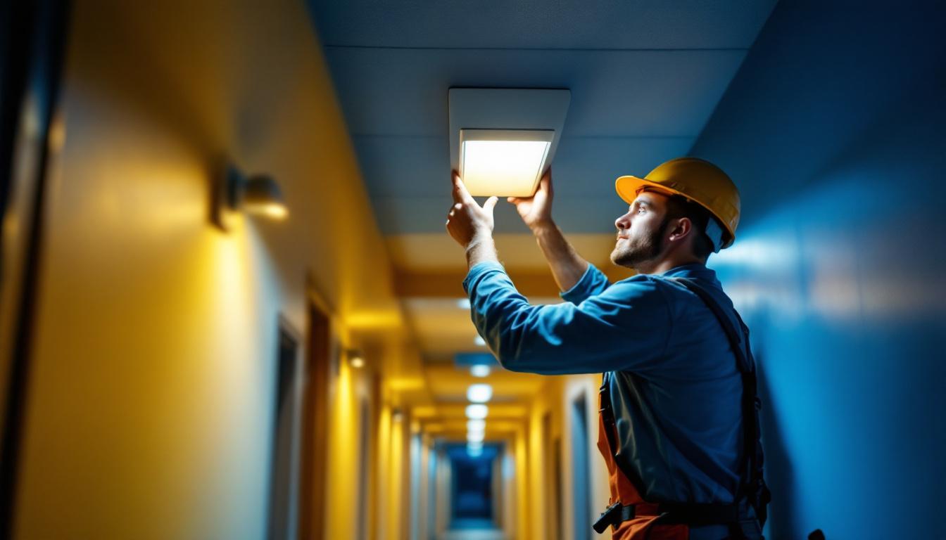 A photograph of a lighting contractor installing a modern led hall light in a well-lit corridor