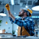 A photograph of a lighting contractor expertly installing or adjusting various types of lighting fixtures in a well-lit