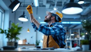 A photograph of a lighting contractor expertly installing or adjusting various types of lighting fixtures in a well-lit