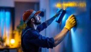 A photograph of a lighting contractor expertly installing xtralight led fixtures in a modern residential setting